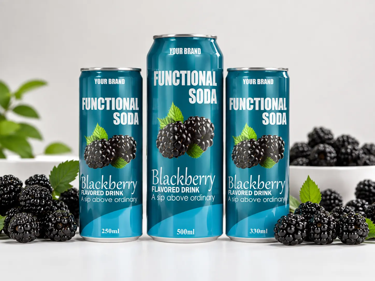 FUNCTIONAL SODA Blackberry Flavored Drink in 250ml, 330ml, and 500ml cans with fresh blackberries around the display.